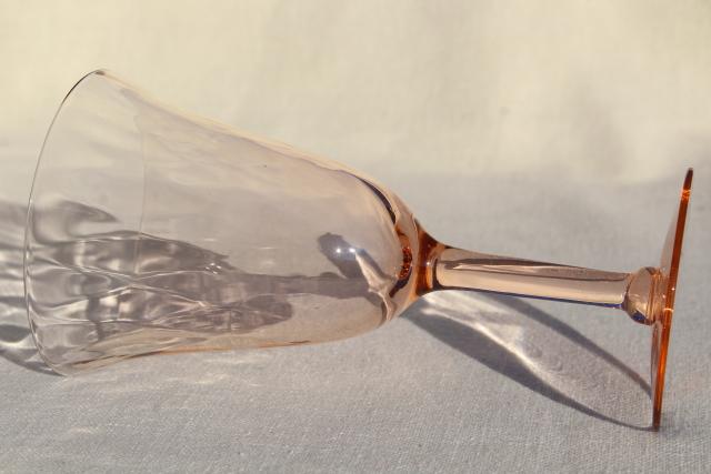 vintage blush pink depression glass water glasses or wine goblets, panel optic pattern