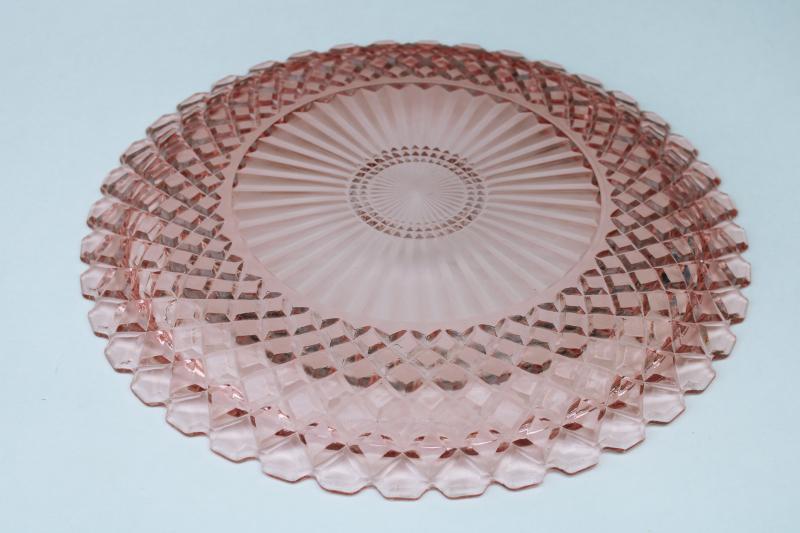 vintage blush pink depression glass wedding cake plate, Waterford waffle pattern Anchor Hocking