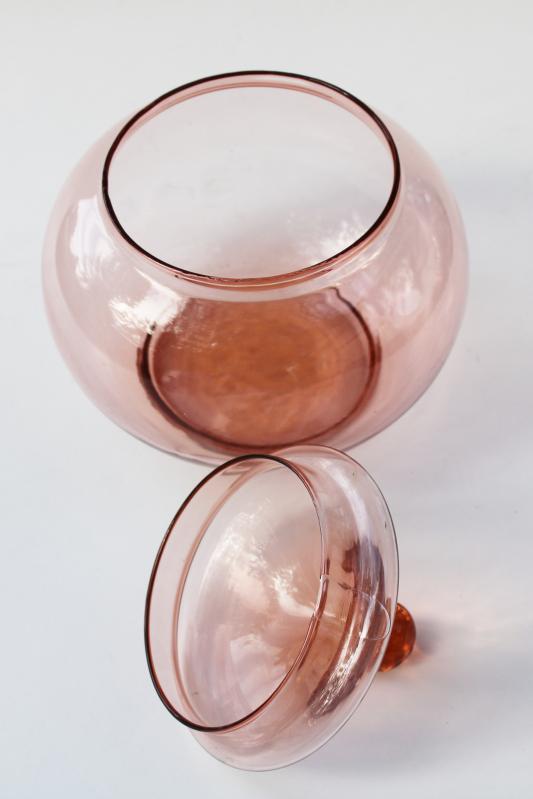 vintage blush pink glass apothecary jar or candy dish, mod genie bottle shape