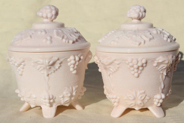 vintage blush pink milk glass candy dishes, 1950s Jeannette glass sea shell pink