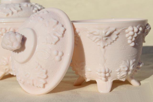 vintage blush pink milk glass candy dishes, 1950s Jeannette glass sea shell pink