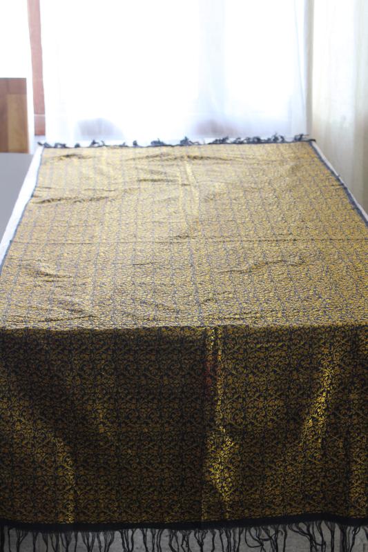 vintage bohemian black & gold table runner w/ long fringe, woven rayon / cotton fabric
