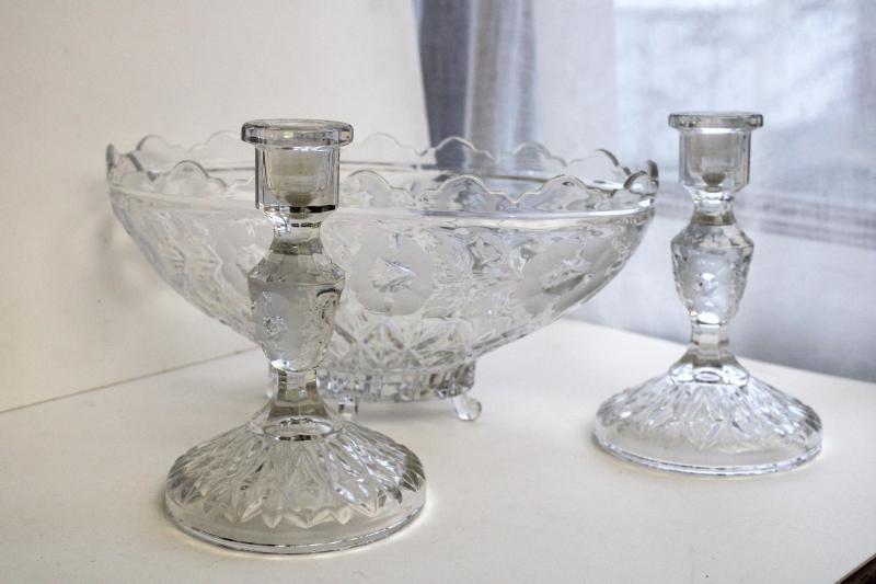 vintage bohemian crystal wheel cut candlesticks, pair candle holders w/ flower bowl