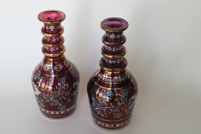 vintage bohemian glass decanters, amethyst cranberry stain glass w/ hand painted enamel