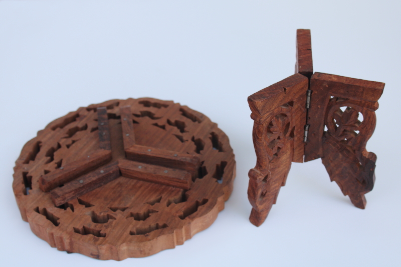 vintage boho decor, carved wood mini table plant stand made in India, trivet top w/ folding base