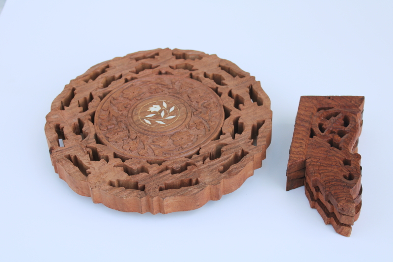 vintage boho decor, carved wood mini table plant stand made in India, trivet top w/ folding base
