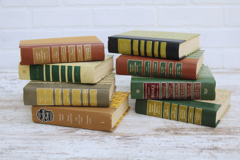 vintage books lot, Readers Digest books w/ print covers, fall colors green, brown, gold