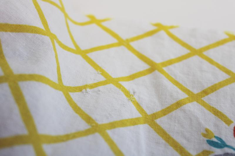 vintage border print cotton feedsacks, feed sack fabric yellow & orange flower lattice