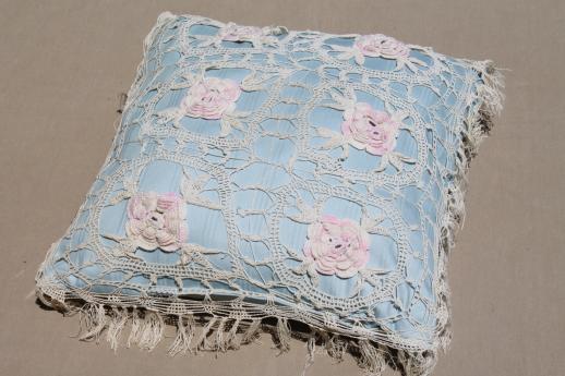 vintage boudoir cushion or throw pillow w/ crochet lace flowers in cotton thread