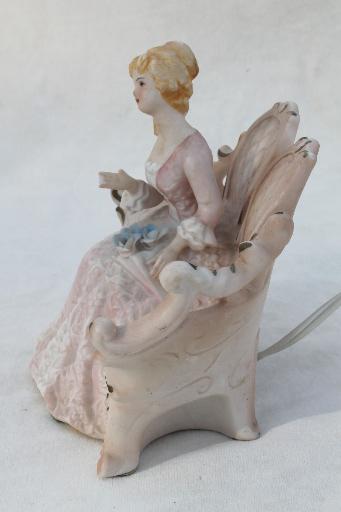 vintage boudoir lamp, china figurine of a beautiful lady on french rococo sofa