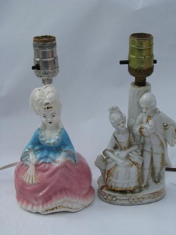 vintage boudoir nightstand reading lamps w/ china figures, shabby cottage chic