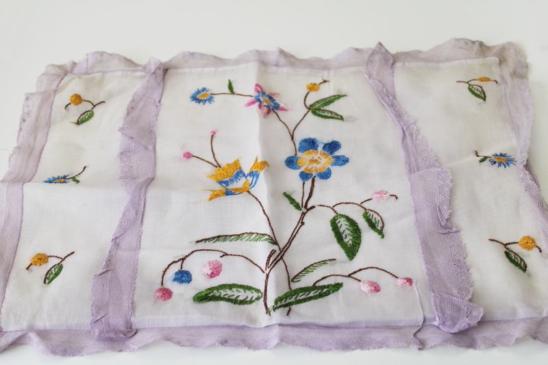 vintage boudoir pillow covers w/ hand stitched embroidery, sheer cotton organdy w/ ruffles