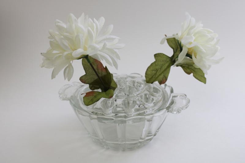vintage bowl vase w/ removable frog flower holder, clear pressed glass