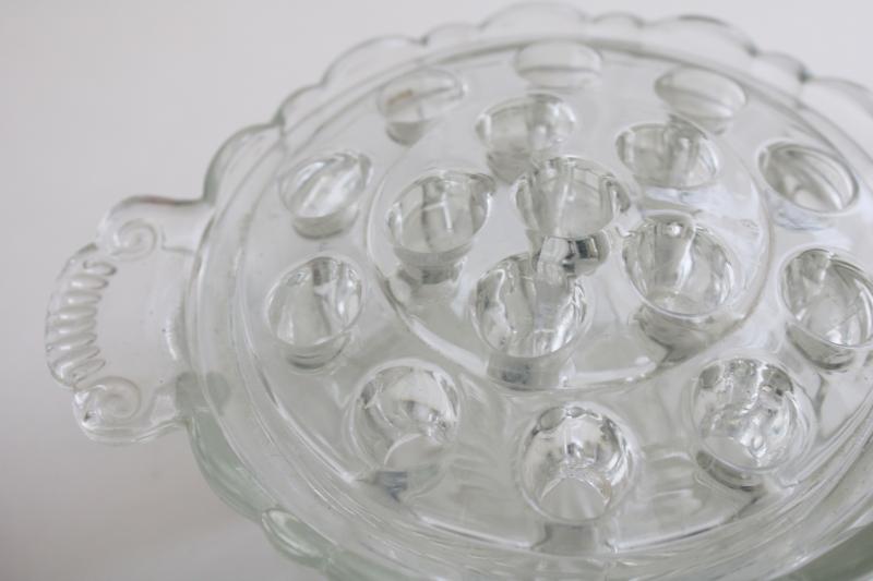 vintage bowl vase w/ removable frog flower holder, clear pressed glass
