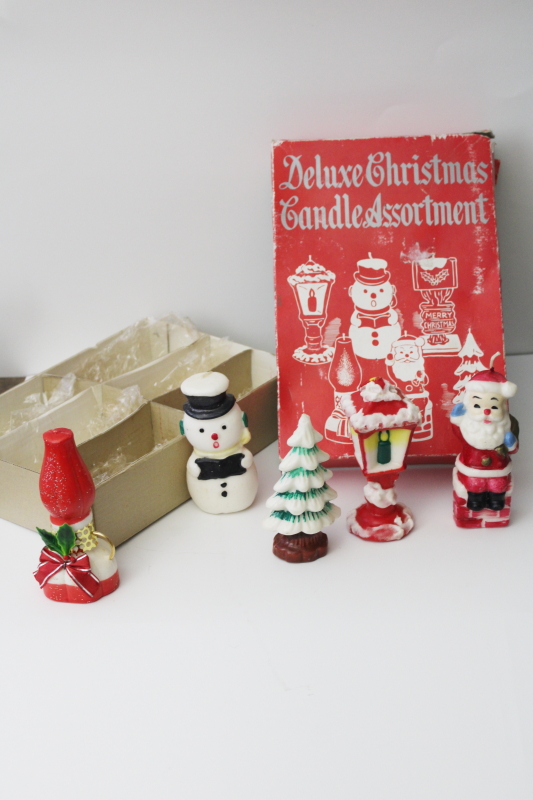 vintage box of figural candles, Christmas Candle Assortment Santa, tree, lantern etc