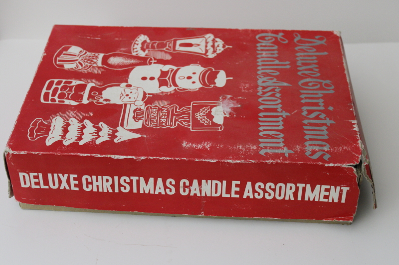vintage box of figural candles, Christmas Candle Assortment Santa, tree, lantern etc