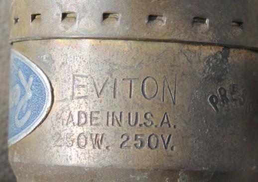 vintage brass Leviton lamp sockets, tarnished brass w/ Remmington lamp labels