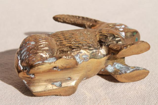 vintage brass animal figurine, solid brass bunny rabbit w/ rustic tarnished patina