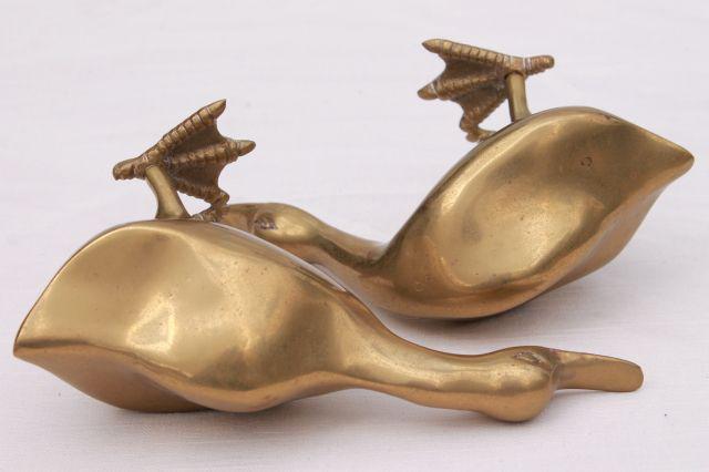 vintage brass animals, collection of geese or duck bird figurines, heavy solid brass
