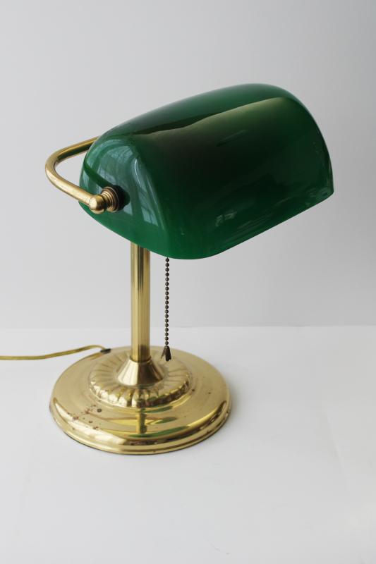 Traditional Bankers Lamp, Brass Base, Handmade Green Glass Shade