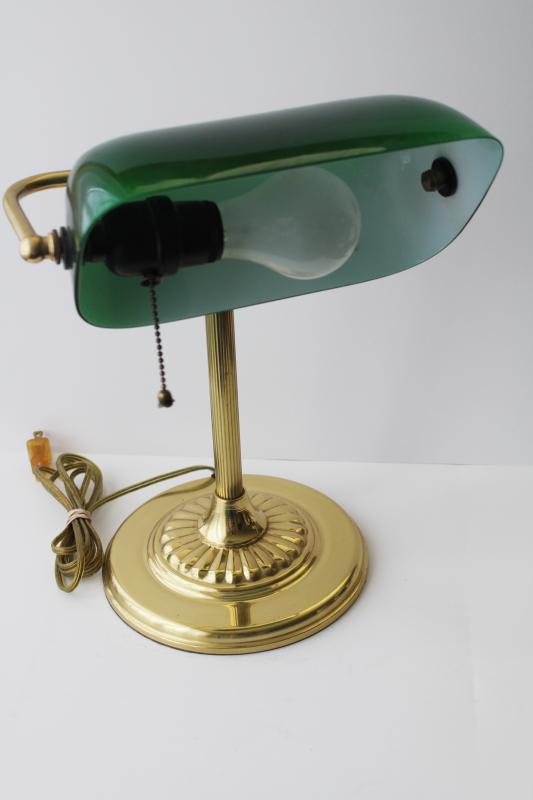 vintage brass bankers lamp w/ emeralite green colored glass shade, antique  reproduction