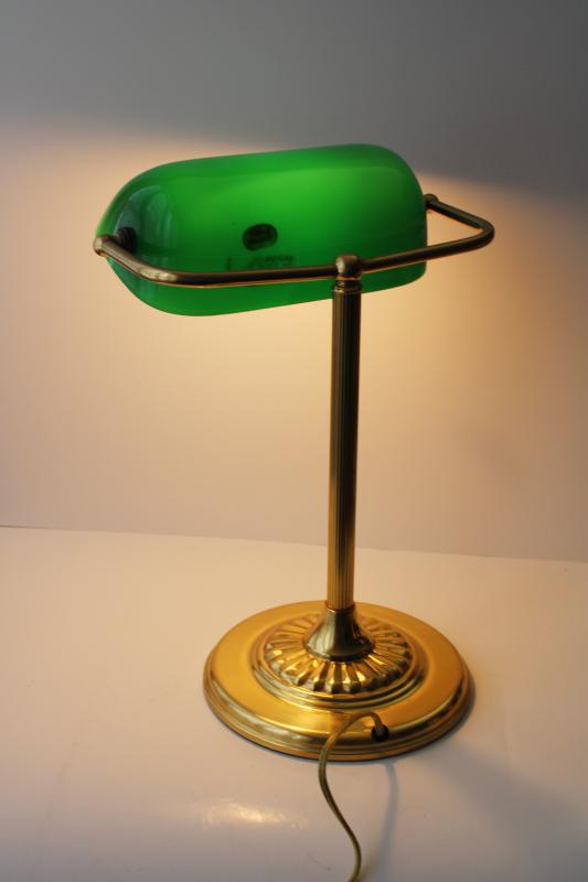 vintage brass bankers lamp w/ emeralite green colored glass shade, antique reproduction