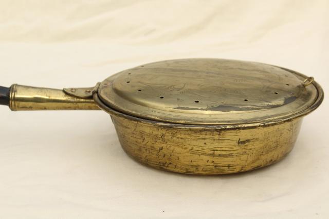 vintage brass bed warmer, large solid brass pan for hot coals or roasting chestnuts