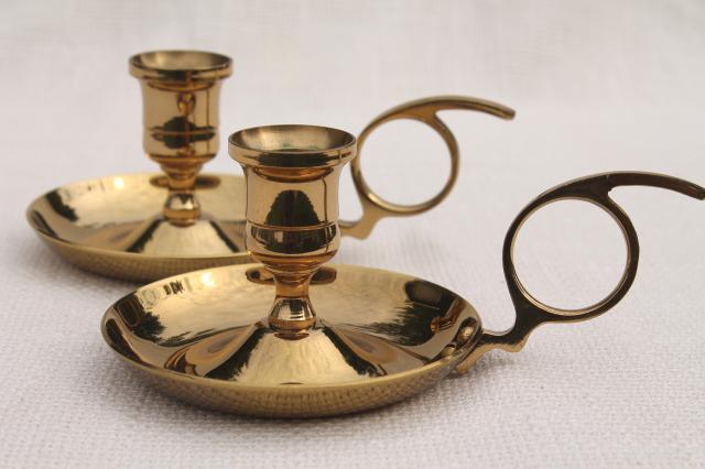 vintage brass bedside chamber candlesticks, pair solid brass candle holders w/ finger ring handles