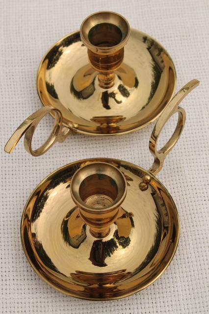 vintage brass bedside chamber candlesticks, pair solid brass candle holders w/ finger ring handles
