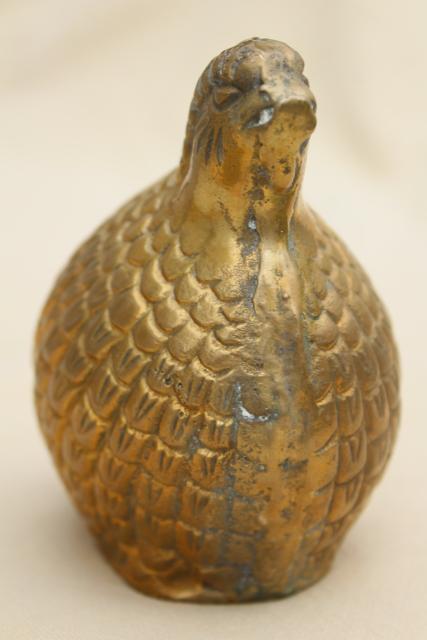 vintage brass birds, pair of large cast metal quail figurines