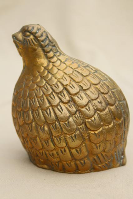 vintage brass birds, pair of large cast metal quail figurines