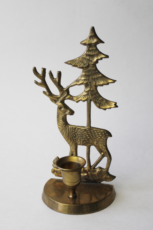 vintage brass candle holder, deer w/ forest pine tree, rustic woodland north woods decor