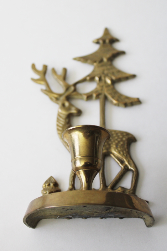 vintage brass candle holder, deer w/ forest pine tree, rustic woodland north woods decor