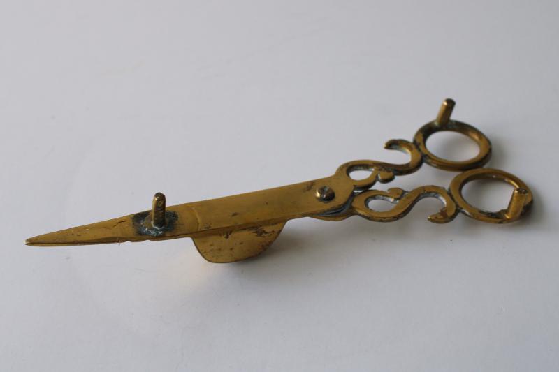 vintage brass candle snuffer, snip scissors type extinguisher antique reproduction