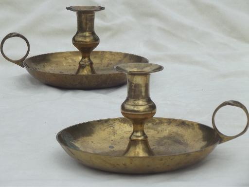 vintage brass chamber candlesticks, finger ring candle holders pair
