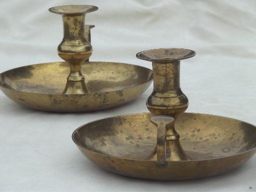vintage brass chamber candlesticks, finger ring candle holders pair