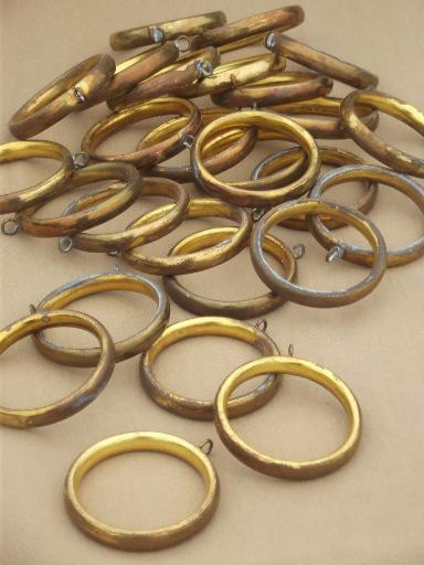 vintage brass curtain rings, 60s 70s retro big round curtain rings lot