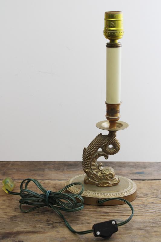 vintage brass dolphin fish candlestick lamp, table or desk accent lamp