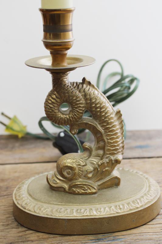 vintage brass dolphin fish candlestick lamp, table or desk accent lamp