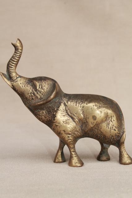 vintage brass elephant figurine, miniature brass animal, lucky elephant  trunk up