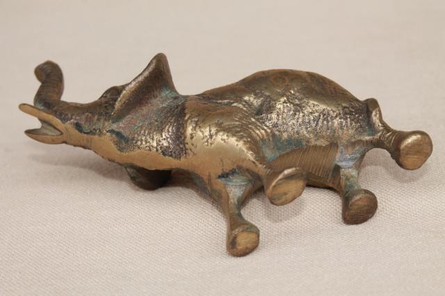 vintage brass elephant figurine, miniature brass animal, lucky elephant trunk up
