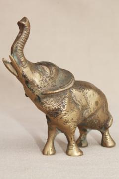 vintage brass elephant figurine, miniature brass animal, lucky elephant trunk up