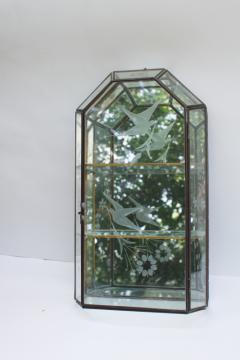 vintage brass / etched glass mirrored display case, small curio cabinet w/ shelves