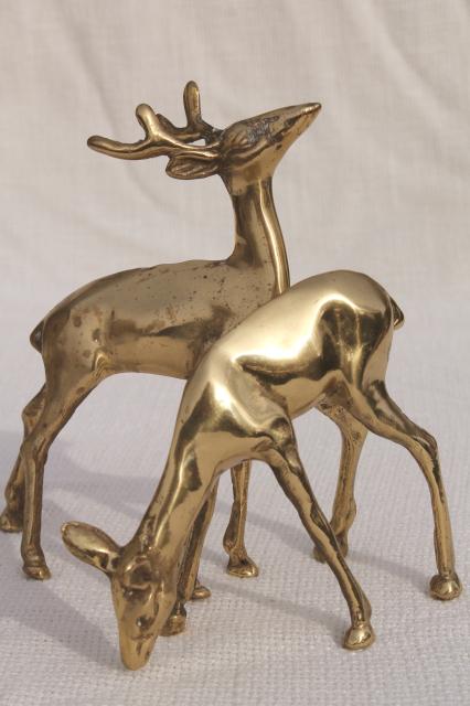 vintage brass figurines, solid brass buck & doe deer or reindeer, retro holiday decor