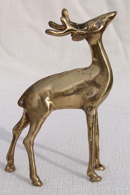 vintage brass figurines, solid brass buck & doe deer or reindeer, retro holiday decor
