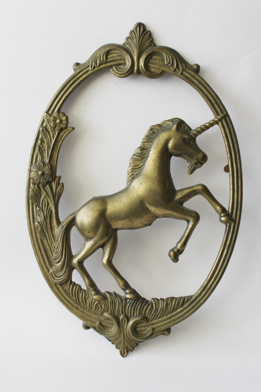 vintage brass frame unicorn wall plaque, ornate crest magical mystical ...
