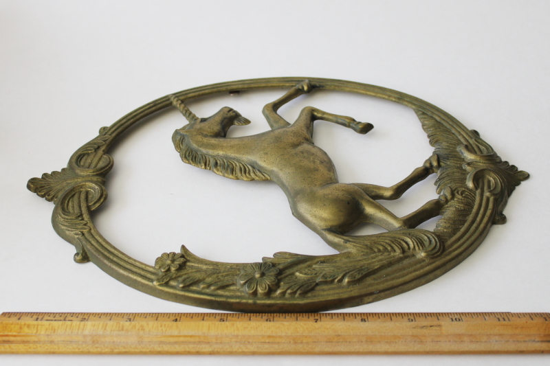 vintage brass frame unicorn wall plaque, ornate crest magical mystical fantasy art