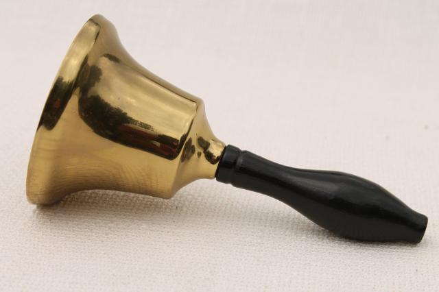 vintage brass hand bell, teacher's desk school house bell w/ old wood handle