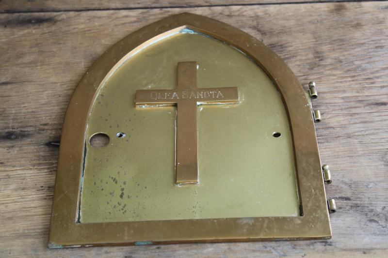 vintage brass holy oil door w/ raised cross, architectural piece from old Catholic church
