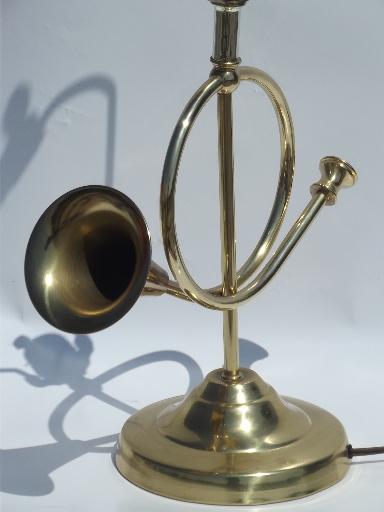 vintage brass horn piano lamp, music room table lamp or desk light